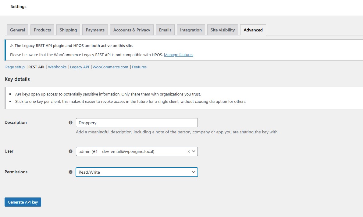 Screenshot of WooCommerce dashboard showing API settings to enable for Droppery